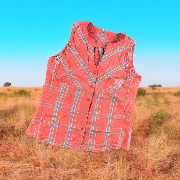 Woolrich‎ Tank Top Women S Button Sleeveless Coral Plaid Garden Boho Western - Picture 1 of 9